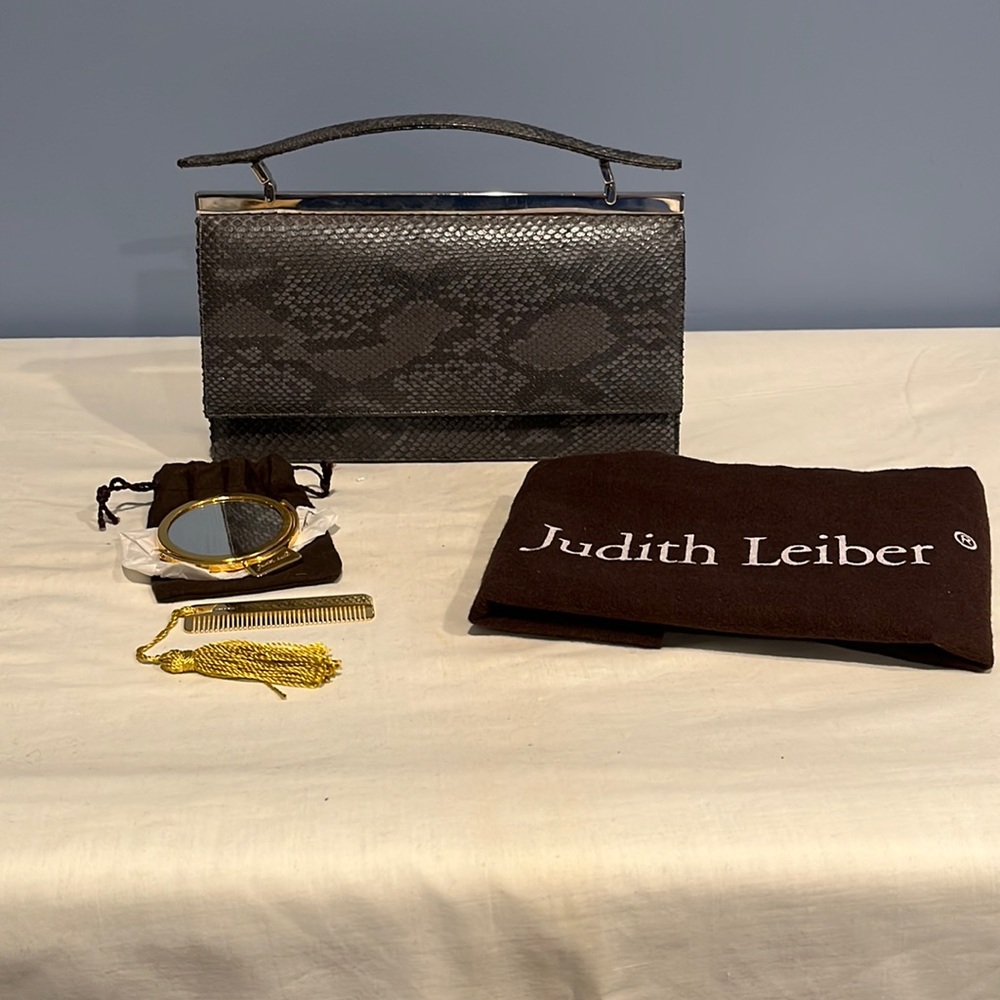 Judith Lieber, Gray snakeskin purse. Comb and mirror, mirror bag, dust bag